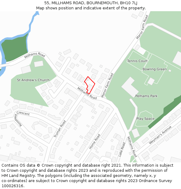 55, MILLHAMS ROAD, BOURNEMOUTH, BH10 7LJ: Location map and indicative extent of plot