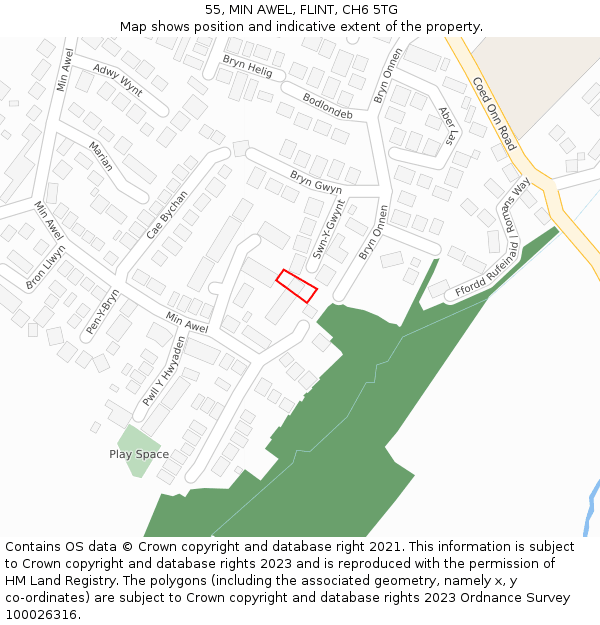 55, MIN AWEL, FLINT, CH6 5TG: Location map and indicative extent of plot