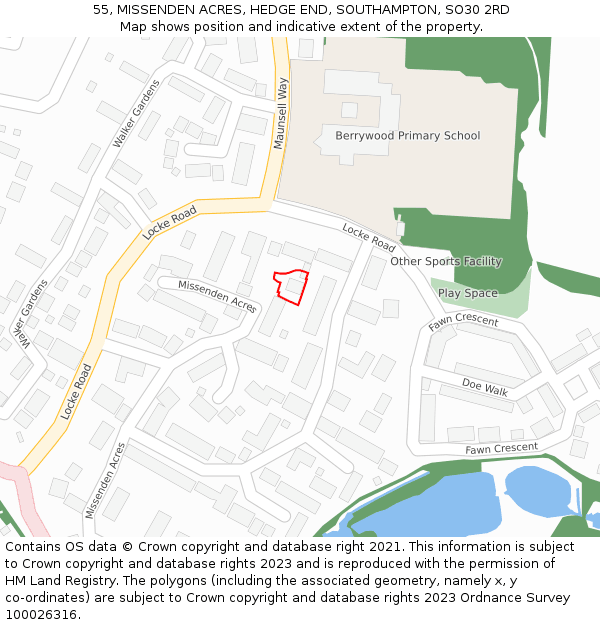 55, MISSENDEN ACRES, HEDGE END, SOUTHAMPTON, SO30 2RD: Location map and indicative extent of plot