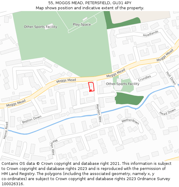 55, MOGGS MEAD, PETERSFIELD, GU31 4PY: Location map and indicative extent of plot