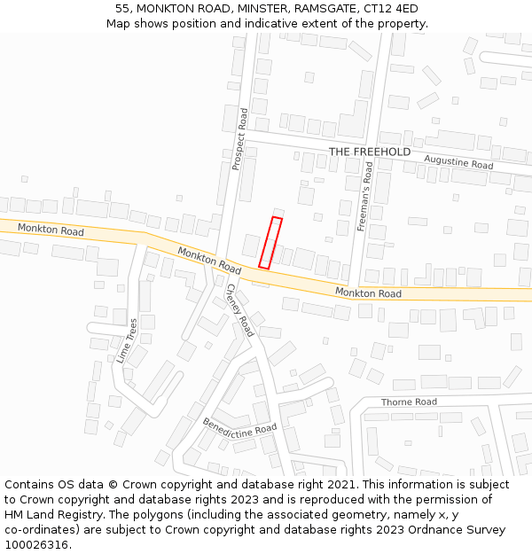 55, MONKTON ROAD, MINSTER, RAMSGATE, CT12 4ED: Location map and indicative extent of plot