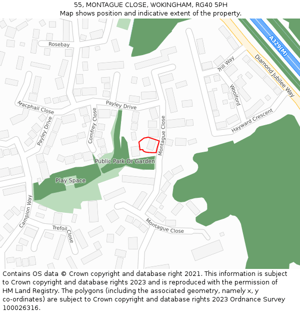 55, MONTAGUE CLOSE, WOKINGHAM, RG40 5PH: Location map and indicative extent of plot