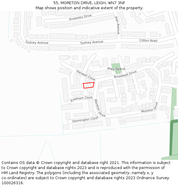 55, MORETON DRIVE, LEIGH, WN7 3NF: Location map and indicative extent of plot