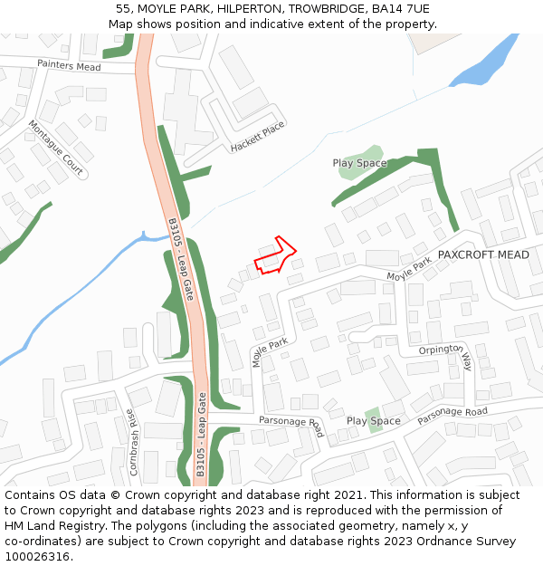 55, MOYLE PARK, HILPERTON, TROWBRIDGE, BA14 7UE: Location map and indicative extent of plot