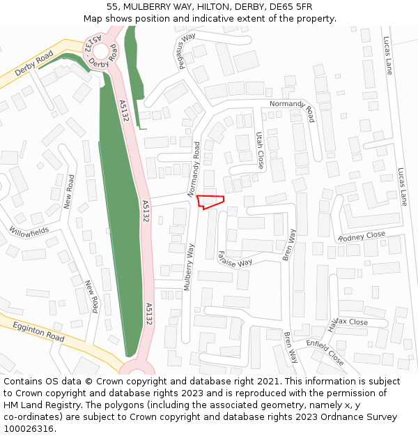 55, MULBERRY WAY, HILTON, DERBY, DE65 5FR: Location map and indicative extent of plot