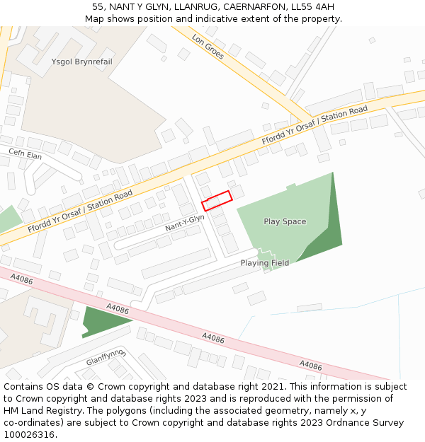 55, NANT Y GLYN, LLANRUG, CAERNARFON, LL55 4AH: Location map and indicative extent of plot