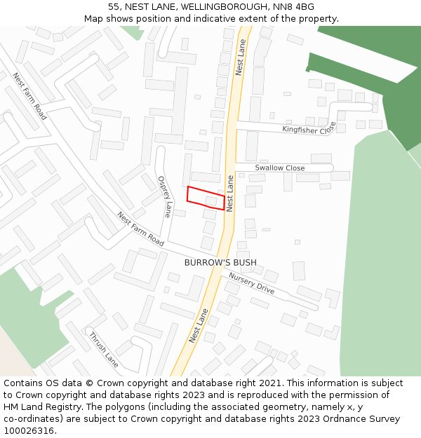 55, NEST LANE, WELLINGBOROUGH, NN8 4BG: Location map and indicative extent of plot