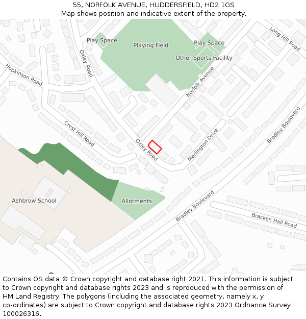 55, NORFOLK AVENUE, HUDDERSFIELD, HD2 1GS: Location map and indicative extent of plot