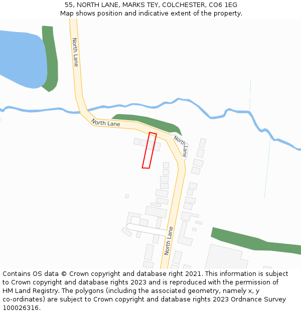 55, NORTH LANE, MARKS TEY, COLCHESTER, CO6 1EG: Location map and indicative extent of plot