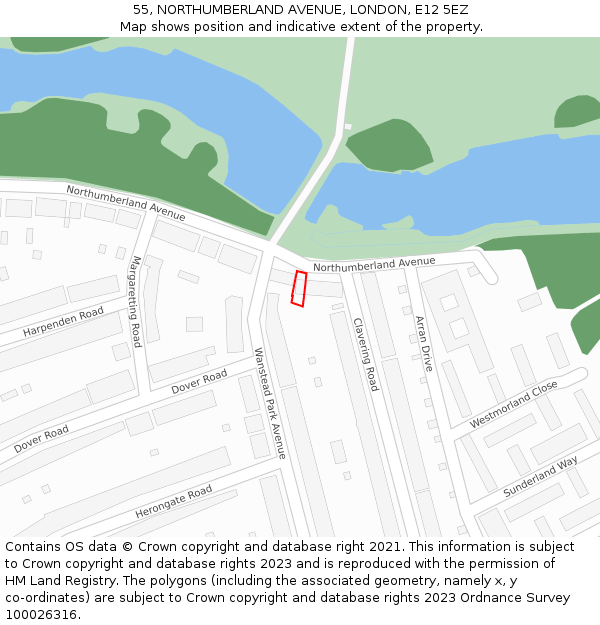 55, NORTHUMBERLAND AVENUE, LONDON, E12 5EZ: Location map and indicative extent of plot