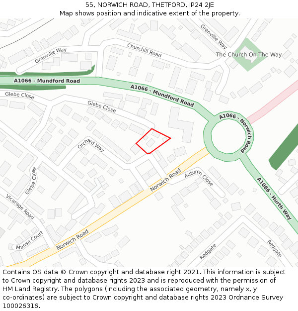 55, NORWICH ROAD, THETFORD, IP24 2JE: Location map and indicative extent of plot