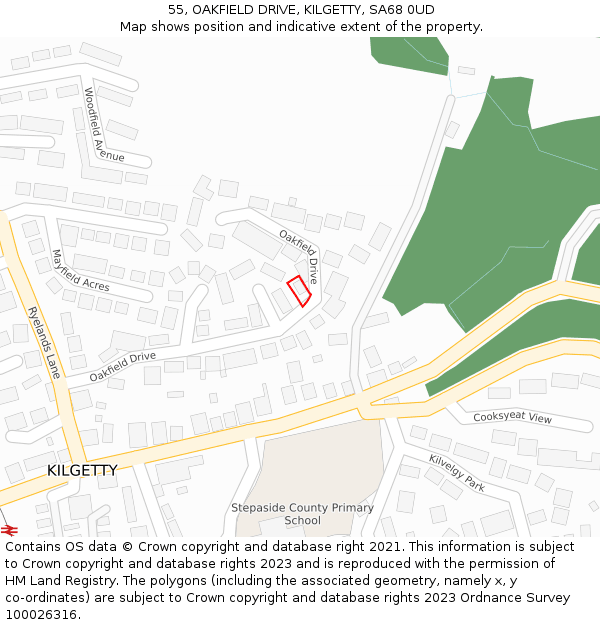 55, OAKFIELD DRIVE, KILGETTY, SA68 0UD: Location map and indicative extent of plot