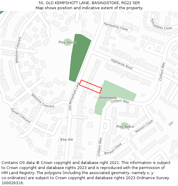 55, OLD KEMPSHOTT LANE, BASINGSTOKE, RG22 5ER: Location map and indicative extent of plot