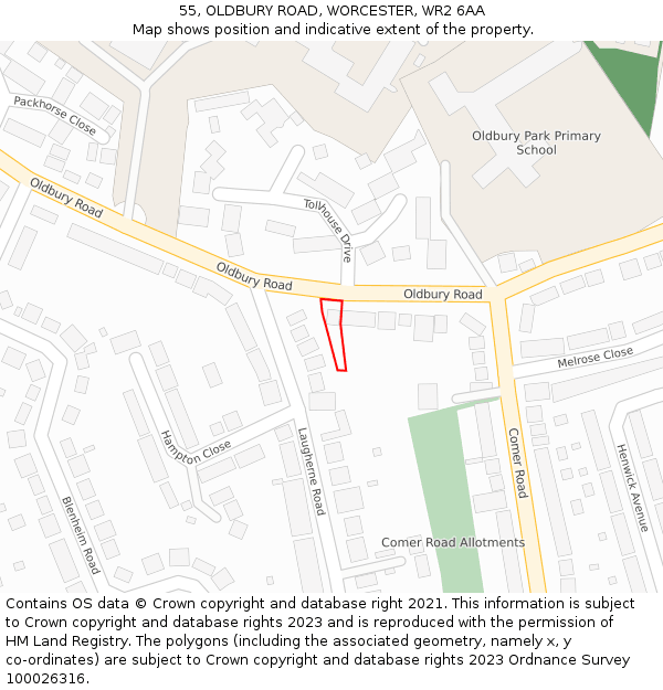 55, OLDBURY ROAD, WORCESTER, WR2 6AA: Location map and indicative extent of plot