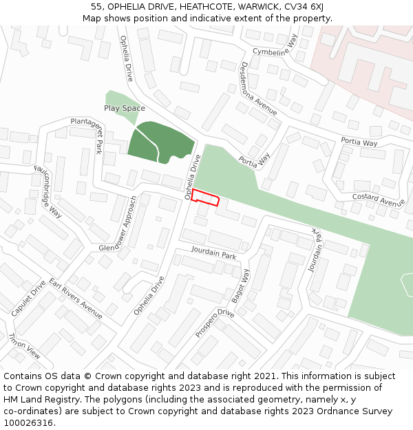 55, OPHELIA DRIVE, HEATHCOTE, WARWICK, CV34 6XJ: Location map and indicative extent of plot