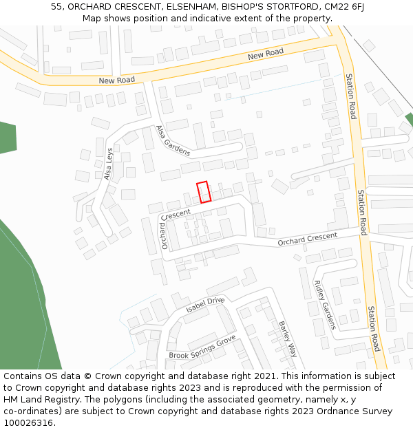 55, ORCHARD CRESCENT, ELSENHAM, BISHOP'S STORTFORD, CM22 6FJ: Location map and indicative extent of plot