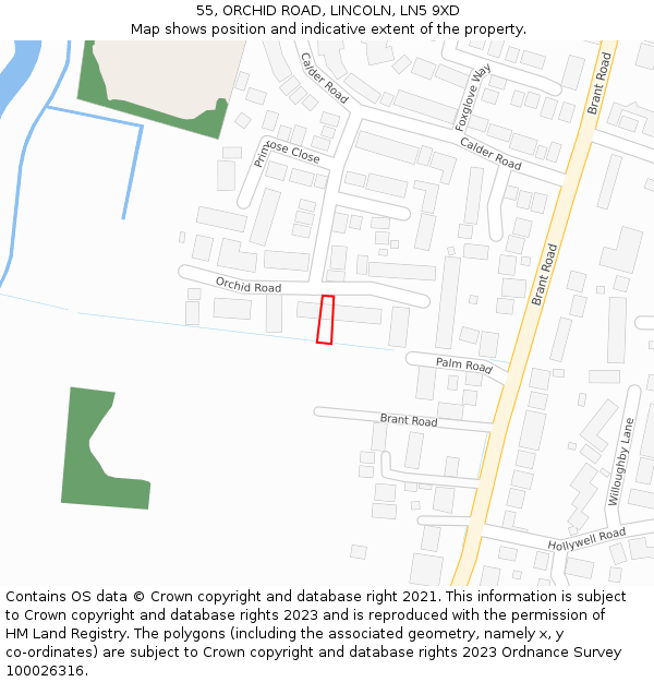 55, ORCHID ROAD, LINCOLN, LN5 9XD: Location map and indicative extent of plot