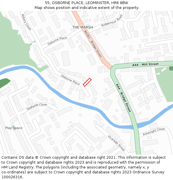 55, OSBORNE PLACE, LEOMINSTER, HR6 8BW: Location map and indicative extent of plot