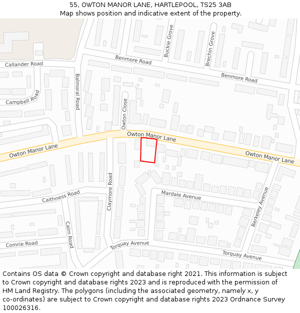 55, OWTON MANOR LANE, HARTLEPOOL, TS25 3AB: Location map and indicative extent of plot