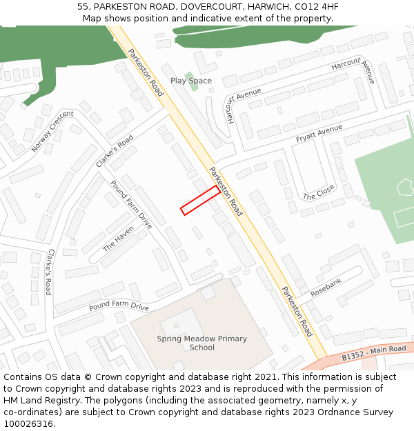 55, PARKESTON ROAD, DOVERCOURT, HARWICH, CO12 4HF: Location map and indicative extent of plot