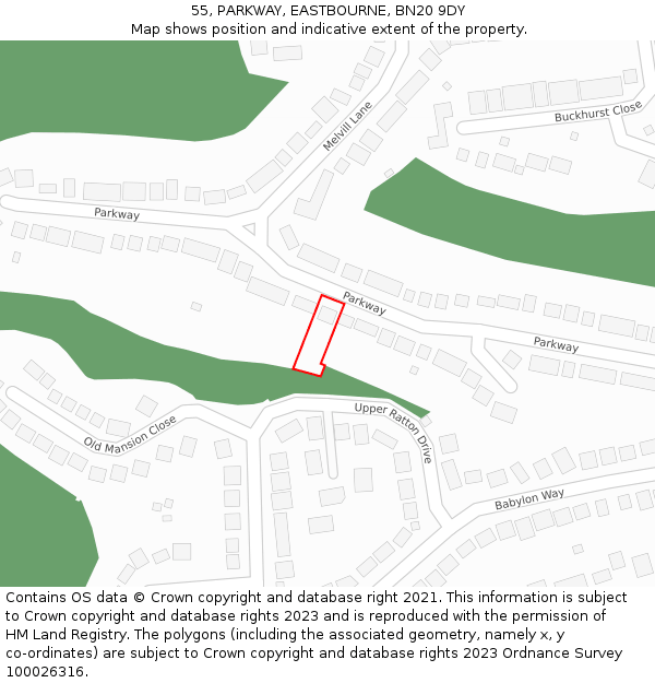 55, PARKWAY, EASTBOURNE, BN20 9DY: Location map and indicative extent of plot