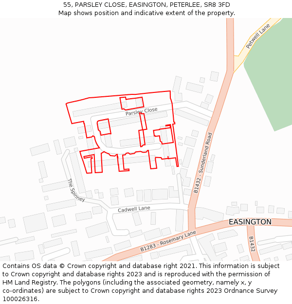 55, PARSLEY CLOSE, EASINGTON, PETERLEE, SR8 3FD: Location map and indicative extent of plot