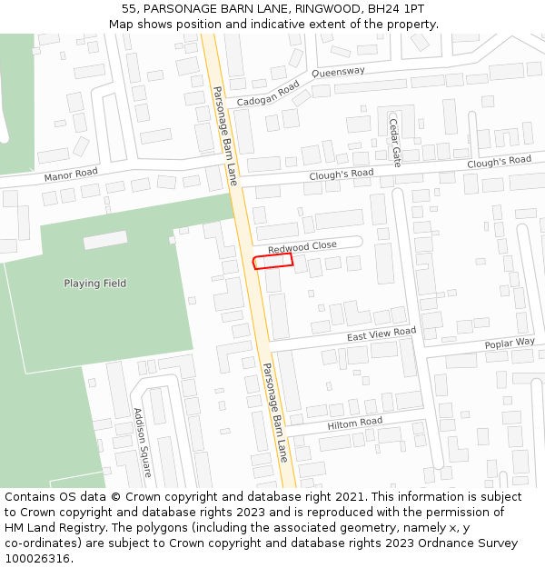 55, PARSONAGE BARN LANE, RINGWOOD, BH24 1PT: Location map and indicative extent of plot