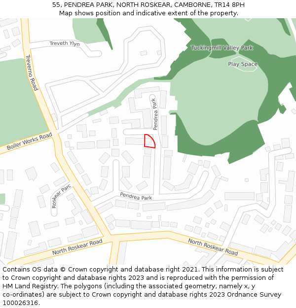 55, PENDREA PARK, NORTH ROSKEAR, CAMBORNE, TR14 8PH: Location map and indicative extent of plot