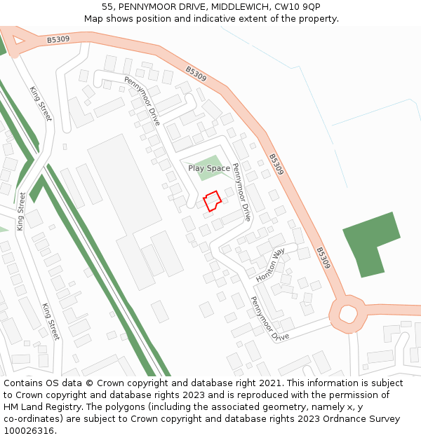 55, PENNYMOOR DRIVE, MIDDLEWICH, CW10 9QP: Location map and indicative extent of plot