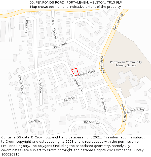 55, PENPONDS ROAD, PORTHLEVEN, HELSTON, TR13 9LP: Location map and indicative extent of plot