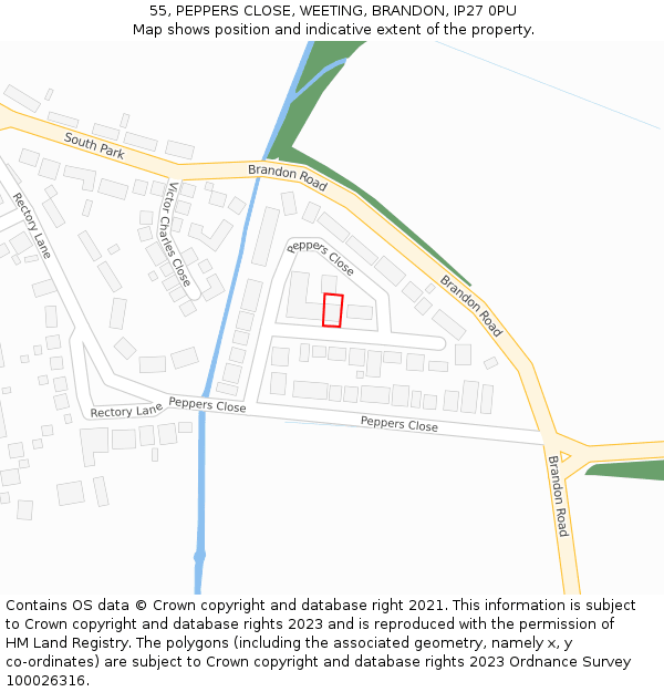 55, PEPPERS CLOSE, WEETING, BRANDON, IP27 0PU: Location map and indicative extent of plot