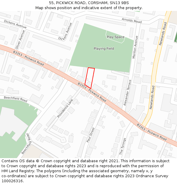 55, PICKWICK ROAD, CORSHAM, SN13 9BS: Location map and indicative extent of plot