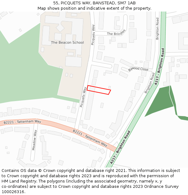 55, PICQUETS WAY, BANSTEAD, SM7 1AB: Location map and indicative extent of plot