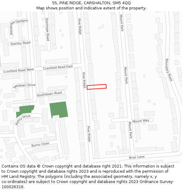 55, PINE RIDGE, CARSHALTON, SM5 4QQ: Location map and indicative extent of plot