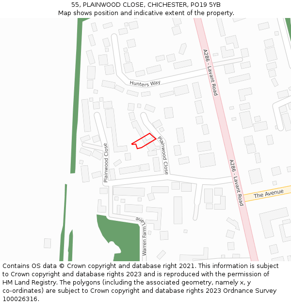 55, PLAINWOOD CLOSE, CHICHESTER, PO19 5YB: Location map and indicative extent of plot