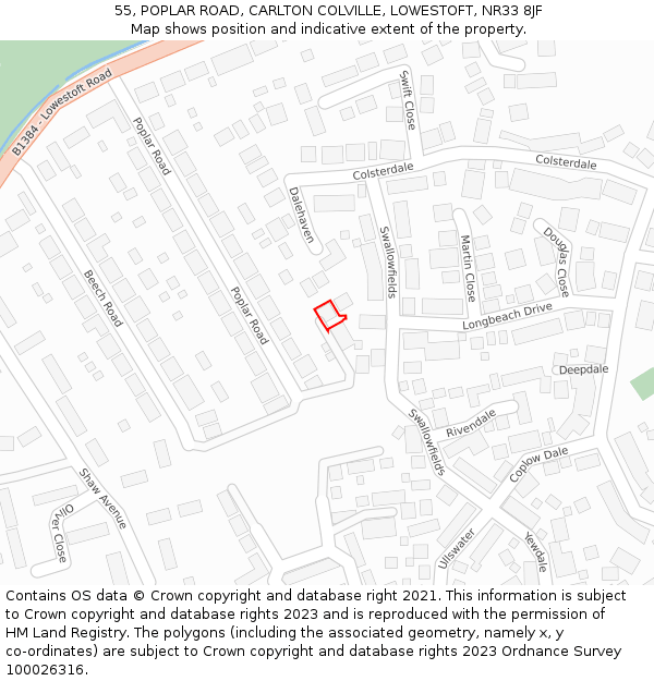 55, POPLAR ROAD, CARLTON COLVILLE, LOWESTOFT, NR33 8JF: Location map and indicative extent of plot