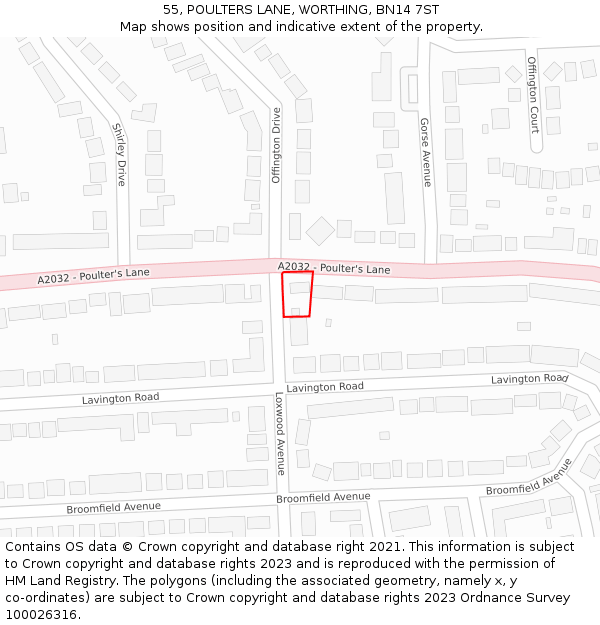 55, POULTERS LANE, WORTHING, BN14 7ST: Location map and indicative extent of plot