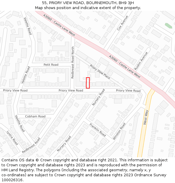 55, PRIORY VIEW ROAD, BOURNEMOUTH, BH9 3JH: Location map and indicative extent of plot