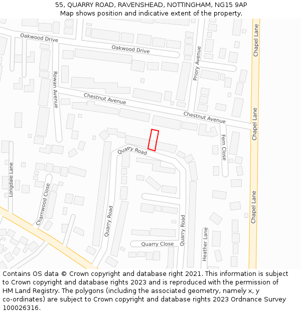 55, QUARRY ROAD, RAVENSHEAD, NOTTINGHAM, NG15 9AP: Location map and indicative extent of plot