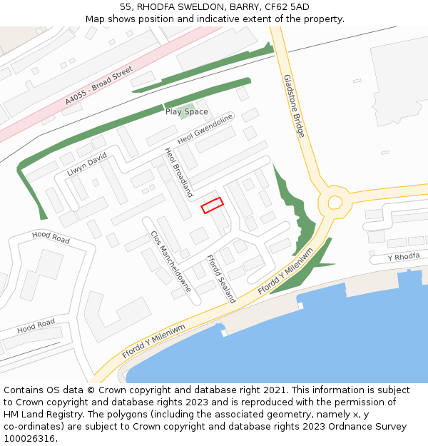 55, RHODFA SWELDON, BARRY, CF62 5AD: Location map and indicative extent of plot