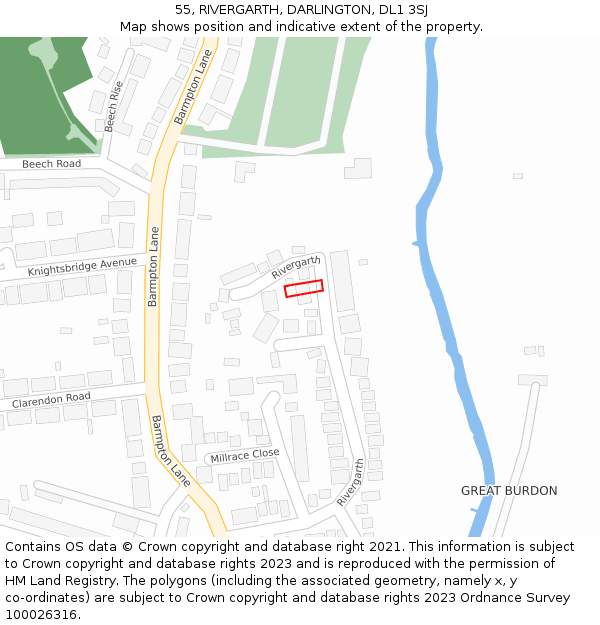 55, RIVERGARTH, DARLINGTON, DL1 3SJ: Location map and indicative extent of plot