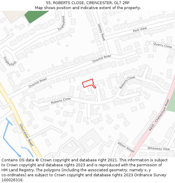 55, ROBERTS CLOSE, CIRENCESTER, GL7 2RP: Location map and indicative extent of plot