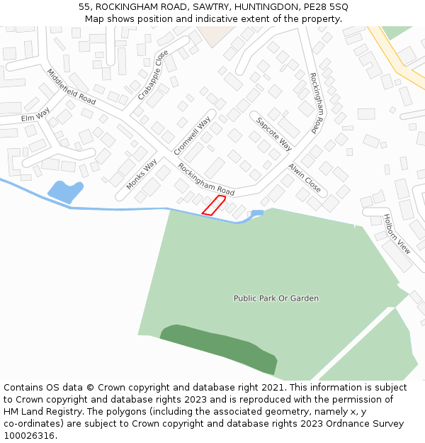 55, ROCKINGHAM ROAD, SAWTRY, HUNTINGDON, PE28 5SQ: Location map and indicative extent of plot