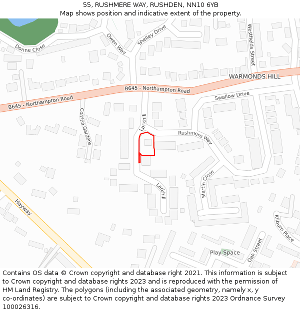 55, RUSHMERE WAY, RUSHDEN, NN10 6YB: Location map and indicative extent of plot