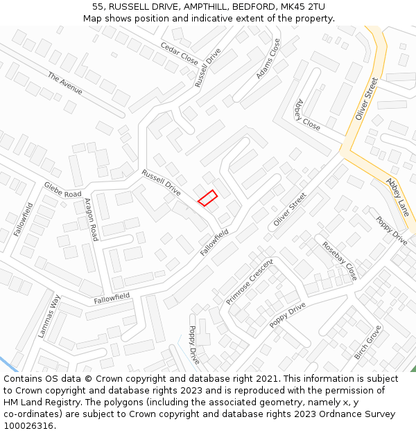 55, RUSSELL DRIVE, AMPTHILL, BEDFORD, MK45 2TU: Location map and indicative extent of plot