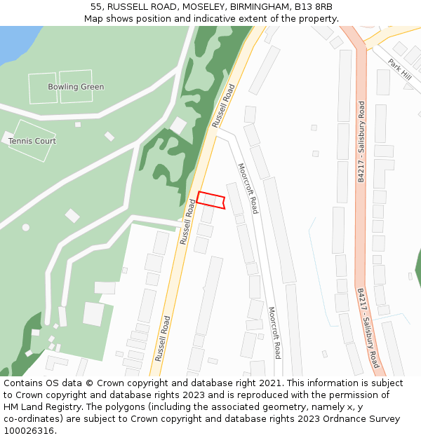 55, RUSSELL ROAD, MOSELEY, BIRMINGHAM, B13 8RB: Location map and indicative extent of plot