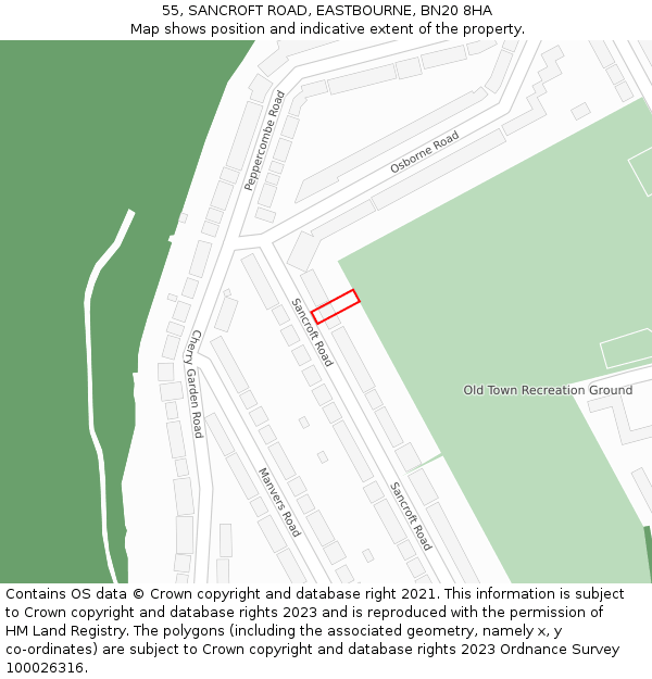 55, SANCROFT ROAD, EASTBOURNE, BN20 8HA: Location map and indicative extent of plot