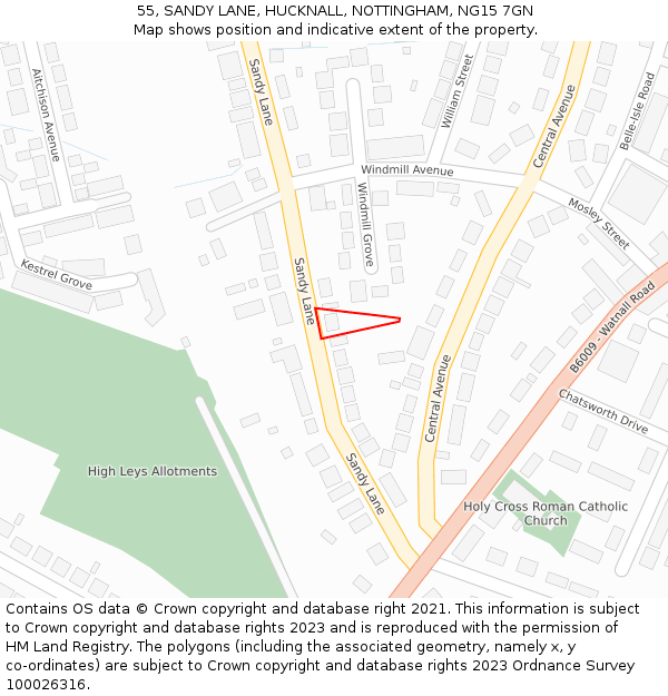 55, SANDY LANE, HUCKNALL, NOTTINGHAM, NG15 7GN: Location map and indicative extent of plot