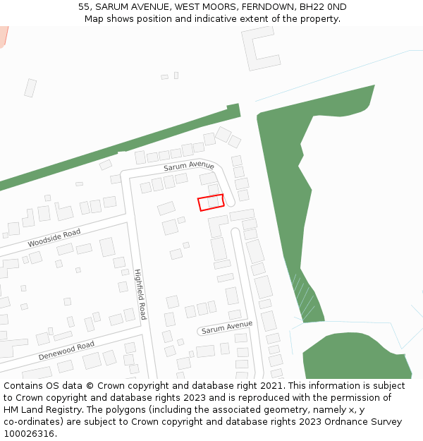 55, SARUM AVENUE, WEST MOORS, FERNDOWN, BH22 0ND: Location map and indicative extent of plot