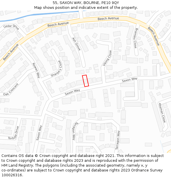 55, SAXON WAY, BOURNE, PE10 9QY: Location map and indicative extent of plot